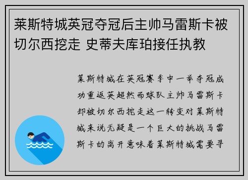 莱斯特城英冠夺冠后主帅马雷斯卡被切尔西挖走 史蒂夫库珀接任执教